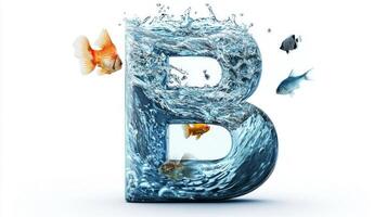 letter B showcases a beautiful glass-like texture, filled with vibrant fish and water, creating a stunning piece of art against a white backdrop. photo