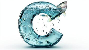 letter C is crafted from transparent glass, filled with swirling water and lively fish, showcasing a mesmerizing underwater scene on a bright white background. photo