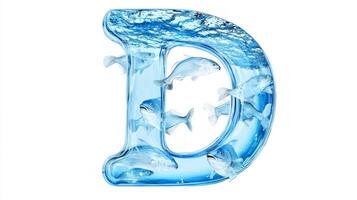captivating letter D showcases a clear glass design filled with vibrant water and lively fish, creating a stunning visual effect against a pristine white backdrop. photo