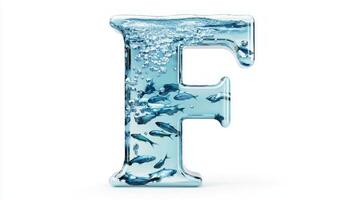 letter F is creatively designed with transparent glass housing clear water and lively fish, creating a captivating aquatic display against a white background. photo