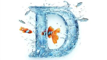 Floating in a crystalline environment, the letter D captures aquatic life, filled with clear water and colorful fish, creating a delightful and imaginative display. photo