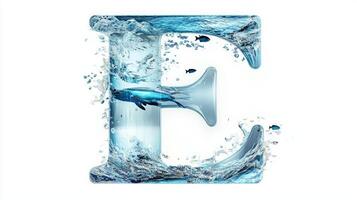 letter E features a realistic glass texture, filled with vibrant water and small fish, creating an artistic aquarium effect isolated on a white backdrop. photo