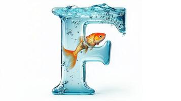 artistic representation features a glass letter F, intricately designed with water and vibrant fish inside, floating gracefully against a clean white backdrop. photo