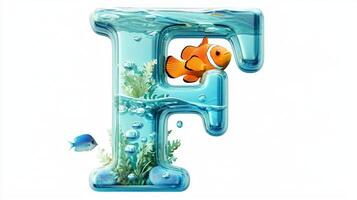 Experience a charming depiction of the letter F crafted from glass, showcasing colorful fish and lush aquatic plants, all set against a clean white background. photo
