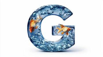 letter G is artistically designed from transparent glass, containing water and vibrant fish that swim gracefully within its boundaries, set against a clean white backdrop. photo