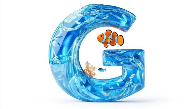 Delight in the enchanting design of the letter G, filled with a vibrant aquatic world where colorful fish swim and explore a glassy environment, all set on a clean white backdrop. photo