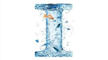letter I crafted from glass showcases a vibrant underwater scene with fish swimming amidst bubbles, all set against a clean white background. photo