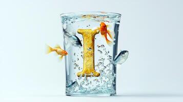 Floating in a clear glass structure, the letter I holds vibrant fish and sparkling water, creating a whimsical aquatic display that inspires creativity and imagination. photo
