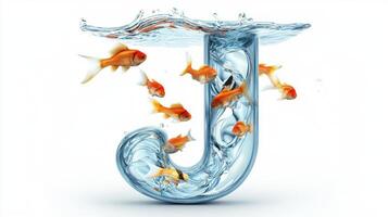 letter J comes to life with a stunning glass design, filled with shimmering water and lively fish swimming gracefully inside. This artistic piece stands out beautifully. photo