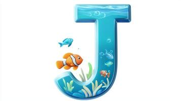 playful representation of the letter J crafted from glass, filled with lively aquatic life and plants, bringing the alphabet to life in a delightful underwater world. photo