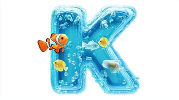 vibrant Letter K floats as a clear glass structure filled with water and lively fish. The cartoon-style design invites a playful underwater adventure. photo