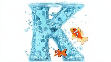 letter K comes to life as a stunning aquarium, showcasing colorful fish swimming amidst bubbles and sparkling water for an enchanting visual experience. photo
