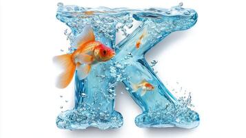 striking representation of the letter K immerses viewers in a glass aquarium filled with lively fish and splashing water, set against a clean, white backdrop. photo