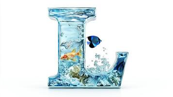 letter L, crafted from transparent glass, showcases colorful fish swimming in clear water, creating a stunning aquarium effect against a pure white backdrop. photo