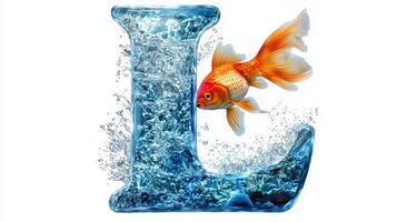 captivating glass letter L showcases a dynamic underwater scene, where colorful fish swim amidst bubbling water, creating a visually striking aquarium composition. photo