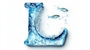 letter L is crafted from glass, filled with clear water and playful fish swimming inside, set against a pristine white background that enhances its artistic allure. photo