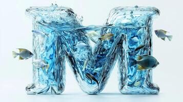 stunning letter M features a glass texture that immerses in water, showcasing whimsical fish swimming within. This artistic representation captures the essence of marine life beautifully. photo