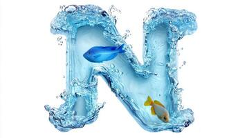 artistic representation highlights the letter N formed from transparent glass, filled with clear water and colorful fish, creating a unique aquatic scene. photo