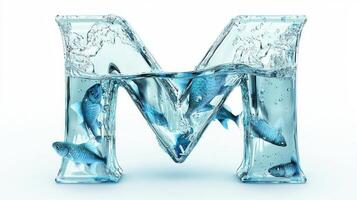 beautifully crafted letter M showcases a clear glass design, holding water and vibrant fish. This artistic representation combines creativity with a unique aquarium theme against a white backdrop. photo