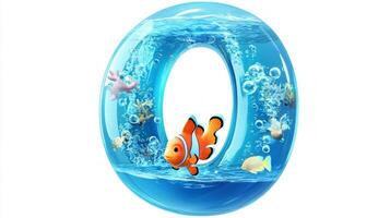 playful letter O is crafted in a glass-like texture, filled with water and lively fish. The cartoon style brings a joyful charm, perfect for creative projects or educational use. photo