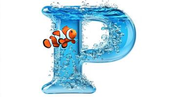 vibrant letter P crafted from glass, filled with clear water and playful fish. This artistic piece captures the essence of underwater life in a fun and imaginative way. photo