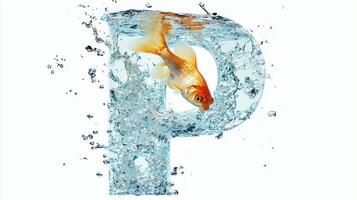 striking letter P features a stunning glass texture filled with sparkling water and a lively goldfish, creating an aquatic-themed artistic representation perfect for decor. photo