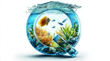 letter Q appears as a stunning glass structure, filled with clear water where colorful fish swim amidst lush aquatic plants, creating a unique underwater paradise on a pure white background. photo