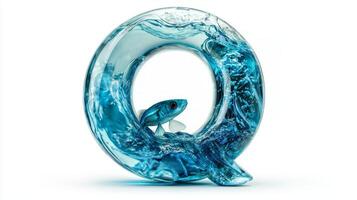 Discover the captivating letter Q, crafted from glass, showcasing a lively aquarium within, complete with sparkling water and playful fish, all beautifully isolated on a white background. photo