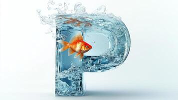 letter P floats in a glass structure filled with water, where a lively goldfish swims among bubbling splashes, creating a dynamic and artistic aquarium scene. photo