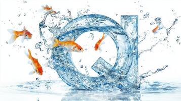stunning representation of the letter Q features a glass structure filled with water and lively fish, creating an enchanting aquatic atmosphere amidst a bright white background. photo
