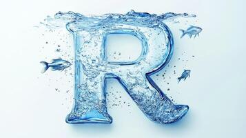 stunning glass letter R encapsulates water and small fish, creating a captivating underwater effect that highlights creativity and artistic flair against a pristine white backdrop. photo