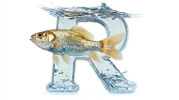 letter R, crafted from glass, floats in crystal-clear water with vibrant fish swimming around, creating an enchanting aquatic display on a pure white backdrop. photo