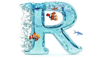 letter R takes on a whimsical form, crafted from glass and filled with water. Colorful fish swim inside, creating a playful and aquatic atmosphere against a clean white backdrop. photo
