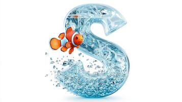 stunning glass representation of the letter S, filled with sparkling water and colorful fish swimming gracefully inside, showcasing an imaginative design and artistic elegance. photo