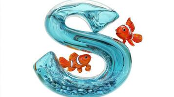 letter S features a glassy look, filled with water and vibrant fish swimming inside, set against a crisp white background, perfect for artistic projects. photo