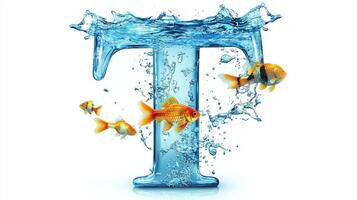letter T is crafted from transparent glass, filled with lively water and colorful fish swimming around, showcasing an imaginative blend of art and nature against a white backdrop. photo