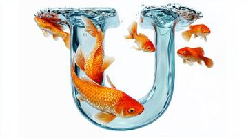stunning letter U made of glass contains sparkling water and lively goldfish swimming around, set on a pristine white background, creating a captivating visual effect. photo