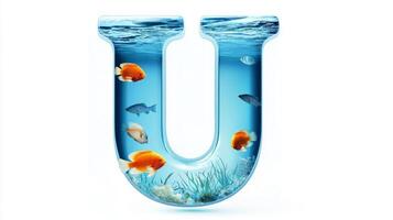 artistic letter U showcases a transparent glass design filled with lively fish swimming among aquamarine elements, creating a mesmerizing aquatic ambiance. photo