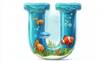 letter U is beautifully crafted from glass, revealing colorful fish swimming gracefully in clear water, surrounded by lush aquatic plants, creating a playful aquatic theme. photo