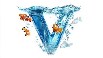 letter V, designed with a glass-like texture, captures the essence of an aquarium, showcasing colorful fish swimming through crystal clear water, adding a playful touch. photo
