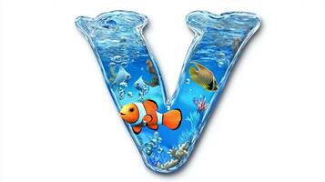delightful letter V is crafted from glass, filled with crystal-clear water and colorful fish swimming joyously. This unique design captivates with its aquatic theme and playful charm. photo