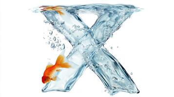 letter X gleams beautifully, capturing a dynamic display of fish swimming amidst bubbles and clear water, all presented in an aquarium-inspired glass structure. photo