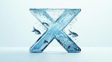 captivating letter X features a crystal-clear glass design, elegantly showcasing water and vibrant fish. Its artistic essence brings a unique flair to any setting. photo