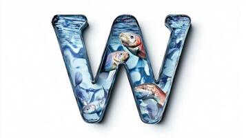 artistic letter W showcases a glass texture filled with water and vibrant fish, beautifully capturing the essence of an aquarium in a unique design. photo
