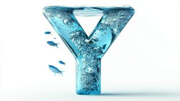 breathtaking glass letter Y showcases vibrant fish swimming in crystal-clear water, creating a striking visual that emphasizes creativity and elegance in design. photo