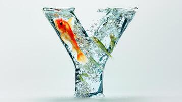 stunning glass letter Y reveals a vibrant underwater scene, complete with lively fish swimming through clear water, creating an artistic aquatic display. photo
