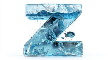 striking letter Z features a glass texture filled with water and small fish, creating an enchanting aquatic display against a pristine white backdrop, perfect for artistic projects. photo