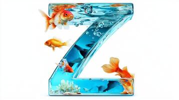 captivating Letter Z showcases a glass design filled with clear water and lively goldfish swimming amidst bubbles, creating an enchanting underwater scene. photo