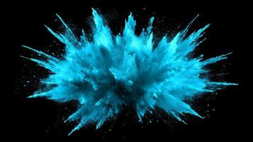 Turquoise particles explode dynamically, radiating with intensity on a black background, creating an otherworldly display of glowing energy that captivates the senses. photo