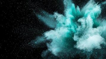 An extraordinary explosion of turquoise particles emerges, radiating outwards dynamically against a black background, creating a mesmerizing cosmic effect of light and energy. photo